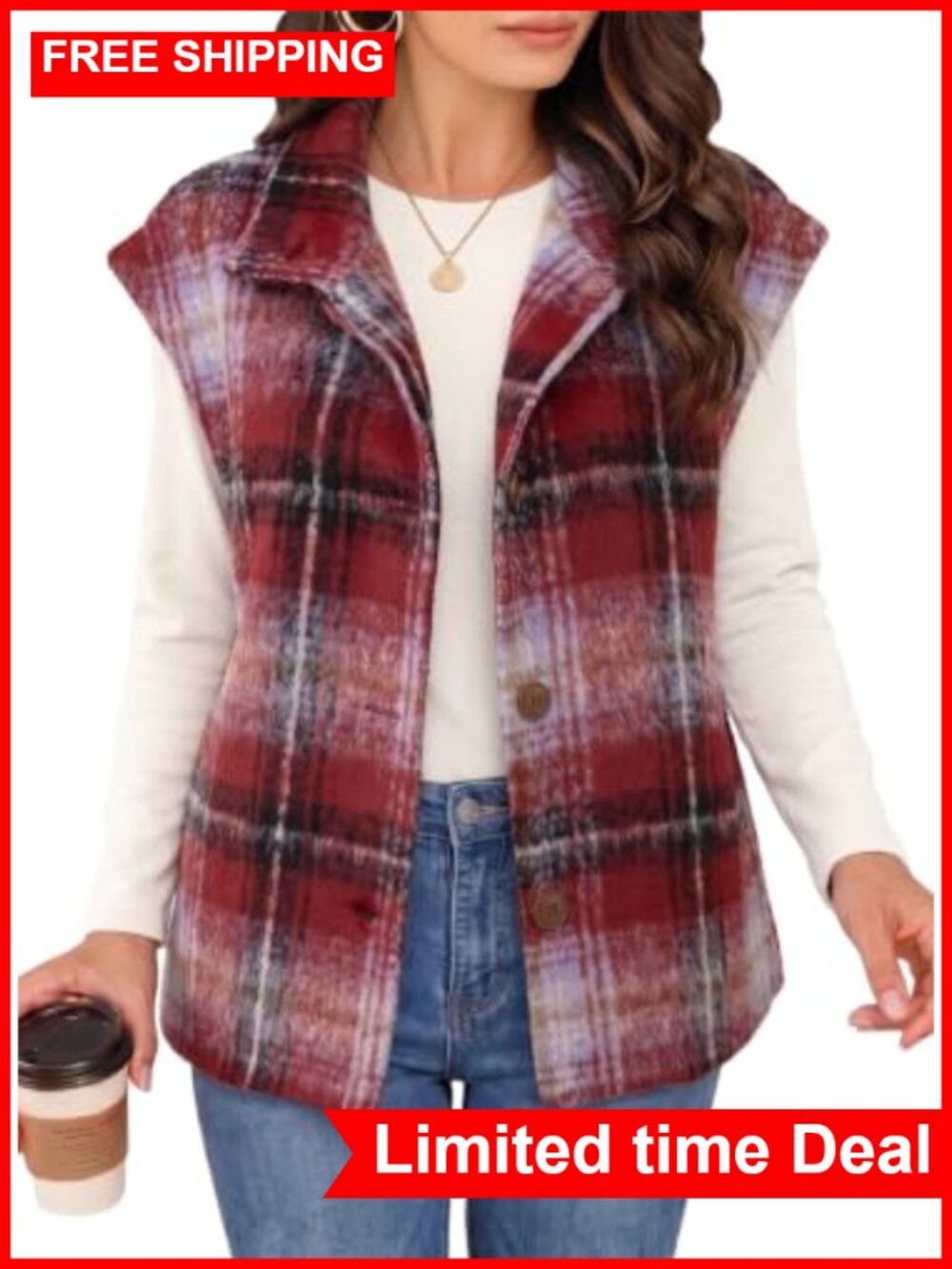 Dokotoo Plaid Vest Cap Sleeve Button-Front Layering Jacket